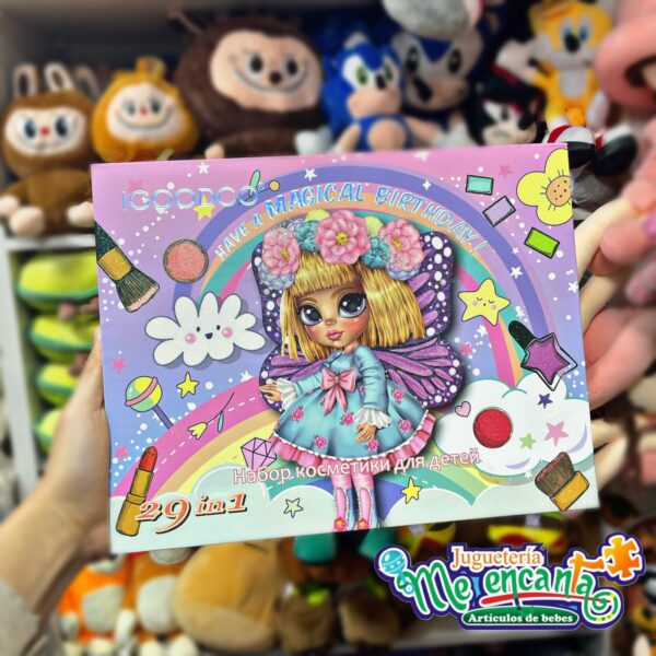 Kit de maquillaje infantil para niña con sombras, esmaltes, labiales y pulseras, variedad de accesorios.